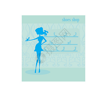 鞋店的时装女孩购物眼睛插图脚跟卡通片服饰店铺靴子鞋类女士衣服图片