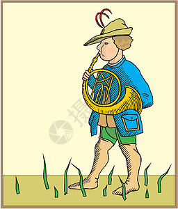 男人吹着他的法国角音乐家黄铜质量蓝色音色艺术乐器沥青喇叭交响乐图片
