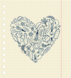 健康的生活     心脏形状 配有蔬菜供设计用插图床单瓶子笔记本艺术收成绘画食物香菜胡椒图片