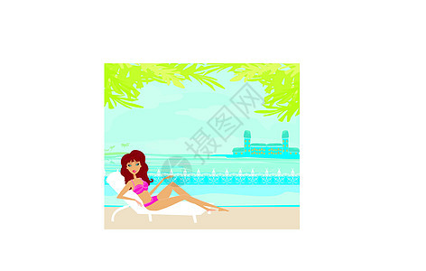 女孩和热带雨林的矢量图像假期汽车酒店绿洲旅游身体娱乐池塘棕榈海景图片