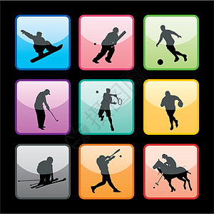 9 个运动按钮集玩家棒球滑雪团队足球骑师网球跑步蟋蟀手球图片