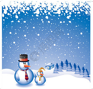 2个雪人卡片乐趣阴影领带蓝色天气丝带帽子框架房子图片
