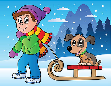 与男孩和雪橇一起的冬季场景图片