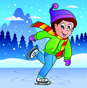 与滑冰男孩一起的冬季场景图片