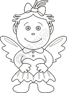 配有情人之心的女孩天使 大纲草图卡通片节日娃娃家庭孩子展示童年婴儿生日图片