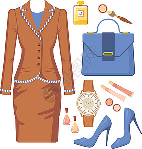 女装 饰物和化妆品的时装夹克香水棕色套装女性高跟鞋指甲油裙子蓝色口红图片