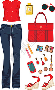 红色衣服的女人时装集牛仔布精品牛仔裤美丽女士衣服绘画太阳镜女性化指甲油设计图片