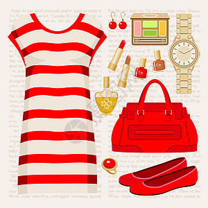 红色衣服的女人时装和礼服指甲油口红束腰手表米色戒指背景化妆品红色插图设计图片