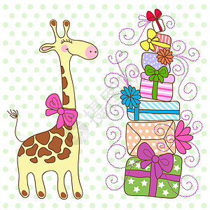 可爱的吉拉菲 有很多礼物孩子庆典问候语盒子生日邀请函婴儿蓝色动物乐趣图片