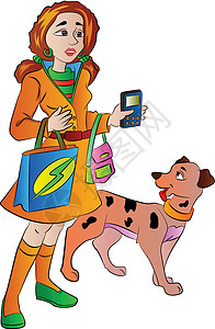 拿着手机袋和宠物狗的女人插画技术艺术品绘画购物者插图姐姐电话宠物细胞购物图片