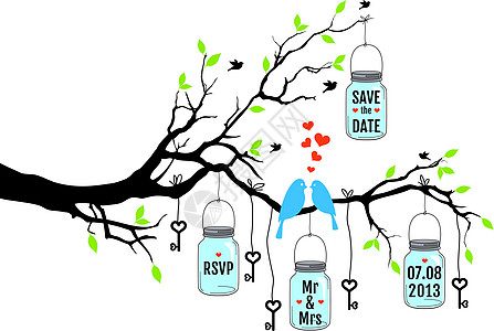 婚礼邀请 树上鸟和罐子 矢量图片
