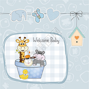 带有玩具的婴儿男孩淋浴卡乐趣快乐童年插图动物蝴蝶鸭子男生卡通片气泡图片