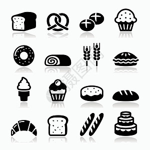面包图面包店 糕点图标集面包 甜甜圈 蛋糕 纸杯蛋糕烤箱美食插图面粉甜点早餐脆皮小麦酒吧营养设计图片