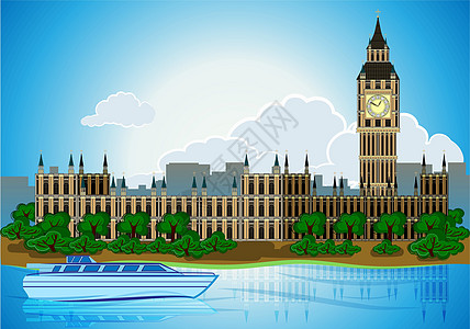 伦敦首府伦敦市首府欧洲天际线背景与河上公交车图片