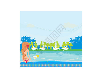 泳池旁的女青年日光浴旅馆场景蓝色娱乐水池绿洲日光酒店热带孤独图片