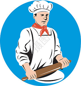 厨师烤面包机 手持打滚针男性男人面团插图擀面杖帽子面包师工人图片