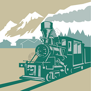 古老的蒸汽火车机车货物插图运输乘客过境铁路艺术品木刻货运设计图片