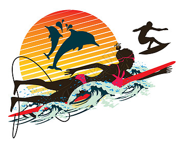 冲浪矢量和平洋游者女孩矢量艺术海滩女孩冲浪跑步冲浪者运动员运动冲浪板速度海洋设计图片