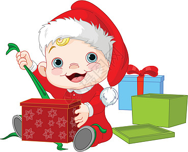 圣诞老人小孩圣诞婴儿开放礼物喜悦孩子艺术品男生青年童年微笑插图免版税艺术设计图片