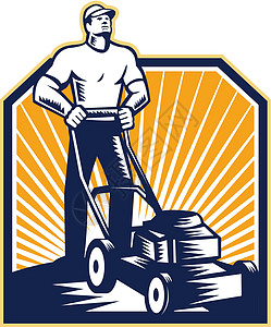 修剪草坪的园艺人插图男人男性木刻农业工人草地工业艺术品零售商图片