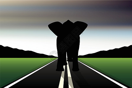 在路上的人非洲大象步行在路上摆姿势的可编辑的矢量光影设计图片