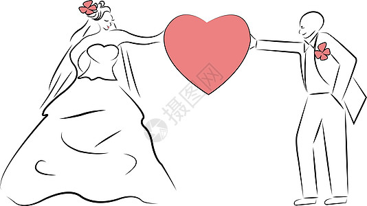矢量新娘和新郎漫画绘画裙子男人红色丈夫妻子卡通片婚礼夫妻新人图片