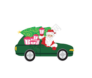 圣诞老人用圣诞礼物驾驶汽车的插图老人展示购物乐趣戏服季节节日车辆胡须条款图片