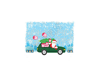 圣诞老人带圣诞礼物驾驶汽车的简记卡片图片