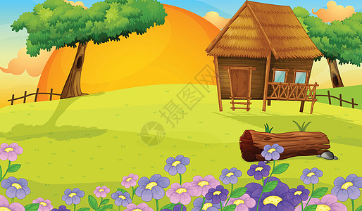 农户农场停留花朵天空日落材料草地卡通片太阳小屋植物图片