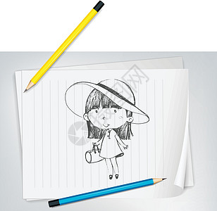 戴帽子的可爱女孩铅笔床单艺术草图孩子染色裙子涂鸦引擎盖内衬图片