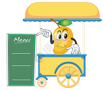 一个马车摊和一个芒果食物木板轮子柜台摊位食品绿色菜单字母大排档图片
