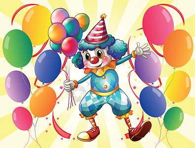 一个拿着气球的小丑长方形喜剧演员橙子紫色丝带帽子狂欢娱乐纸屑服装图片