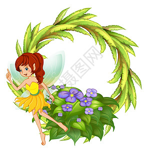 与穿黄色礼服的仙女环绕边界女士树叶信仰植物魔术师裙子紫色力量神话女孩图片