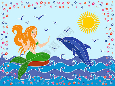 女孩与海豚海浪中的海豚和美人鱼设计图片