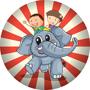 两个孩子骑在灰象的后背图片