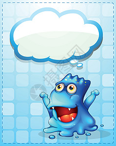 一个快乐的蓝色怪物 空云计时卡通片生物绘画外星人思维线条斑点角落气泡菜单图片