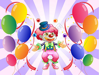 一个小丑在气球的中间玩耍图片