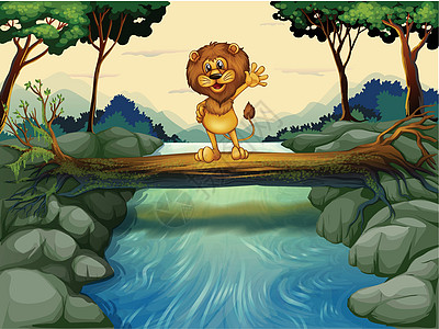一只狮子站在河上树干上的一头狮子图片