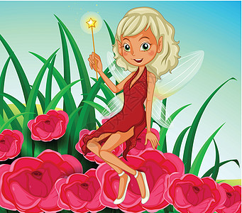 一个仙女拿着魔杖坐在红花旁图片