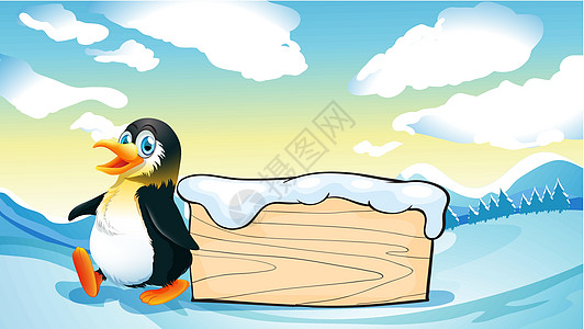 雪带一只企鹅和一个空木板样板图片