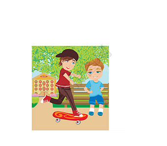 快乐的男孩在滑板上速度公园动画片闲暇男生眼睛青少年运动微笑情绪图片