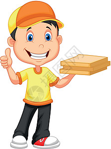 送货男孩带一个纸板比萨盒图片