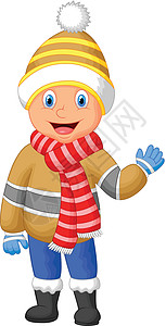 卡通插画 一个男孩穿着冬衣挥舞夹子庆典艺术卡通片手套男生快乐问候语衣服孩子图片