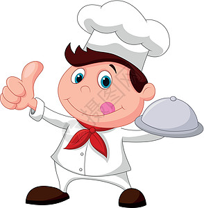 大厨拿着金属餐盘和大拇指插图男人男性圆顶服务餐厅厨师烹饪食物厨房图片