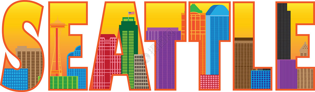 西雅图市天线文本颜色大纲插图白色明信片旅行纪念品建筑物绘画观光城市摩天大楼渡船图片