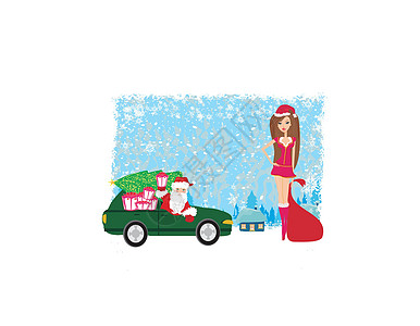 圣诞老人和美丽的女人展示购物装饰品驾驶节日男人套装城市传统帽子图片