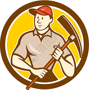 建筑工人持有皮卡克斯圆形漫画艺术品帽子工具男人男性斧头圆圈工人零售商工业图片
