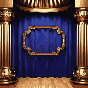 矢量金色框和蓝幕幕台天鹅绒奢华布料窗帘织物场景蓝色镜子展览金子图片