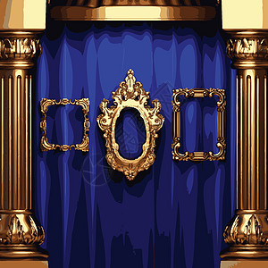 矢量金色框和蓝幕幕台金子展示艺术歌词场景礼堂模具歌剧推介会剧场图片