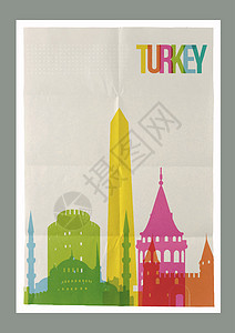 土耳其旅行标志性古代纸纸海报背景图片